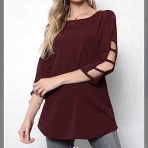 Burgundy 3/4 Cutout Sleeve Tunic, M